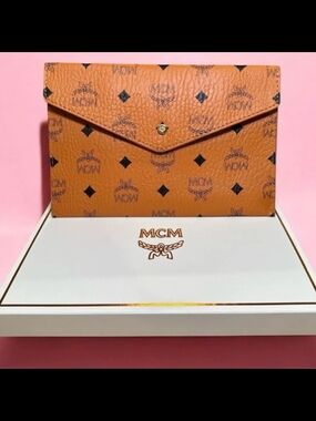 NEW AUTHENTIC MCM Cognac Monogram Envelope Clutch
